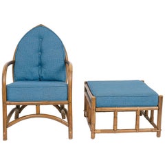 1960s Cathedral Shaped Bamboo Chair and Ottoman