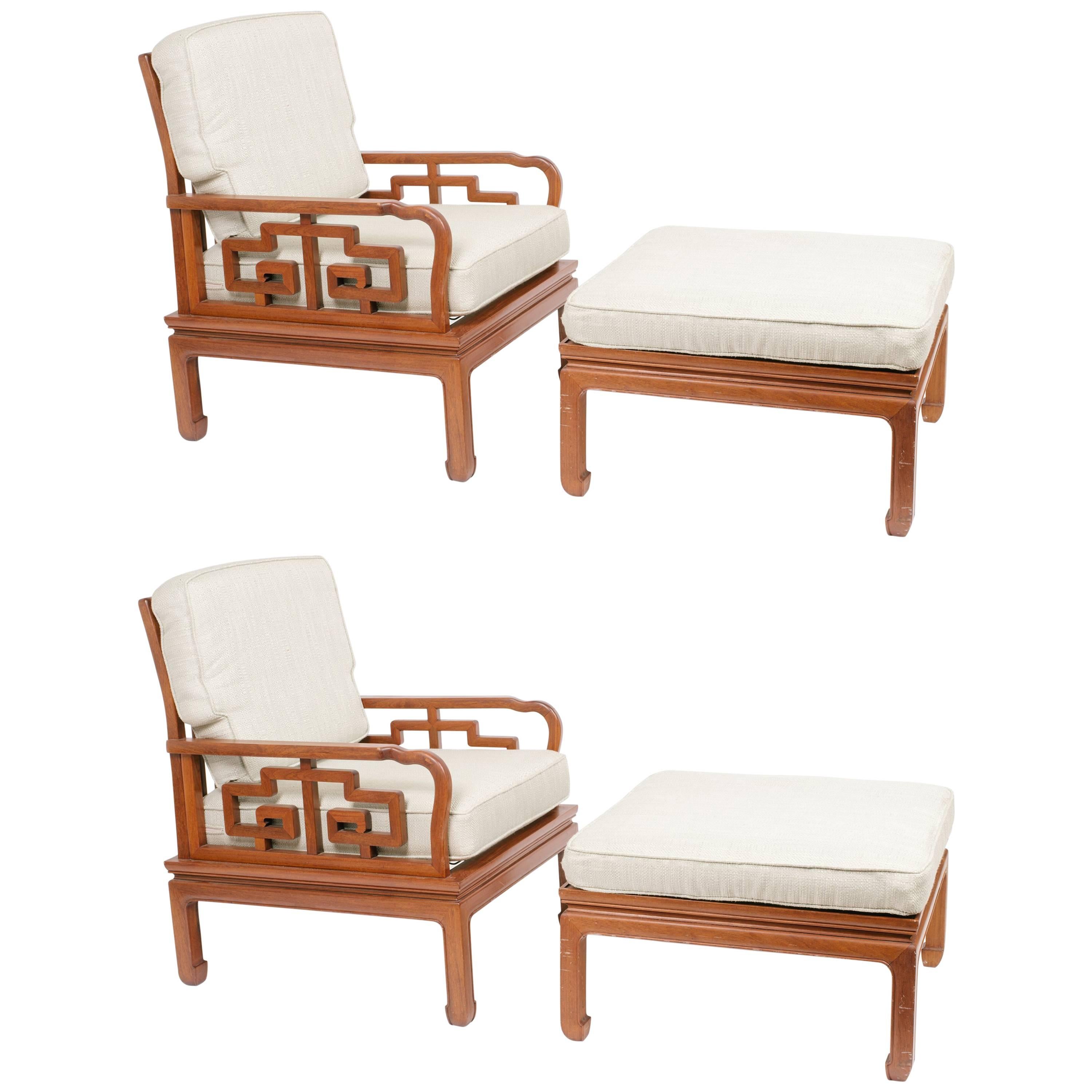 Pair of 1960s Asian Chairs and Ottomans For Sale