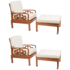 Vintage Pair of 1960s Asian Chairs and Ottomans