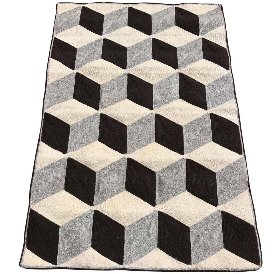 Graphic Tumbling Blocks Woven Jute Wall Hanging or Flat Weave Rug at ...