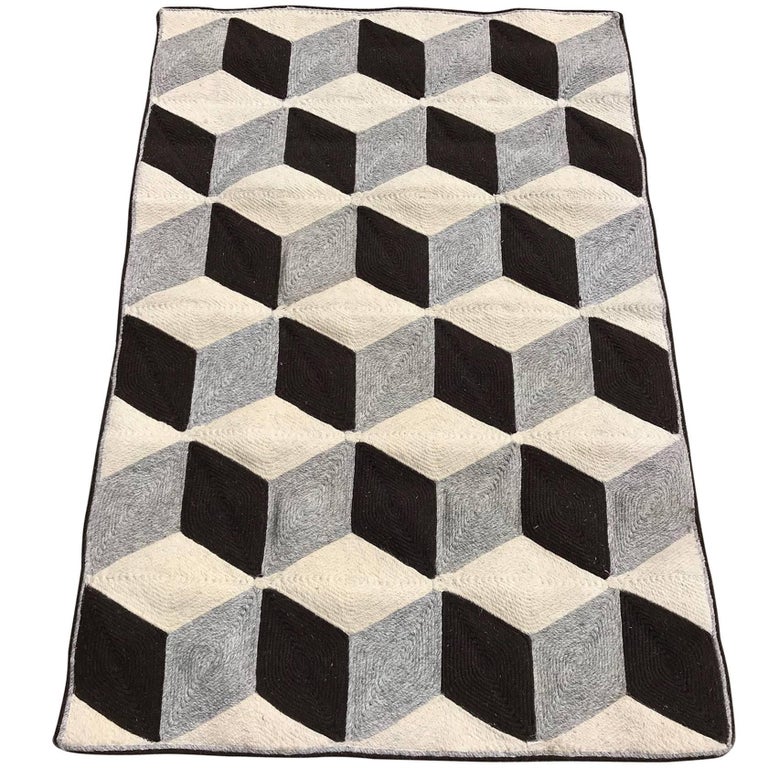 Graphic Tumbling Blocks Woven Jute Wall Hanging or Flat Weave Rug at