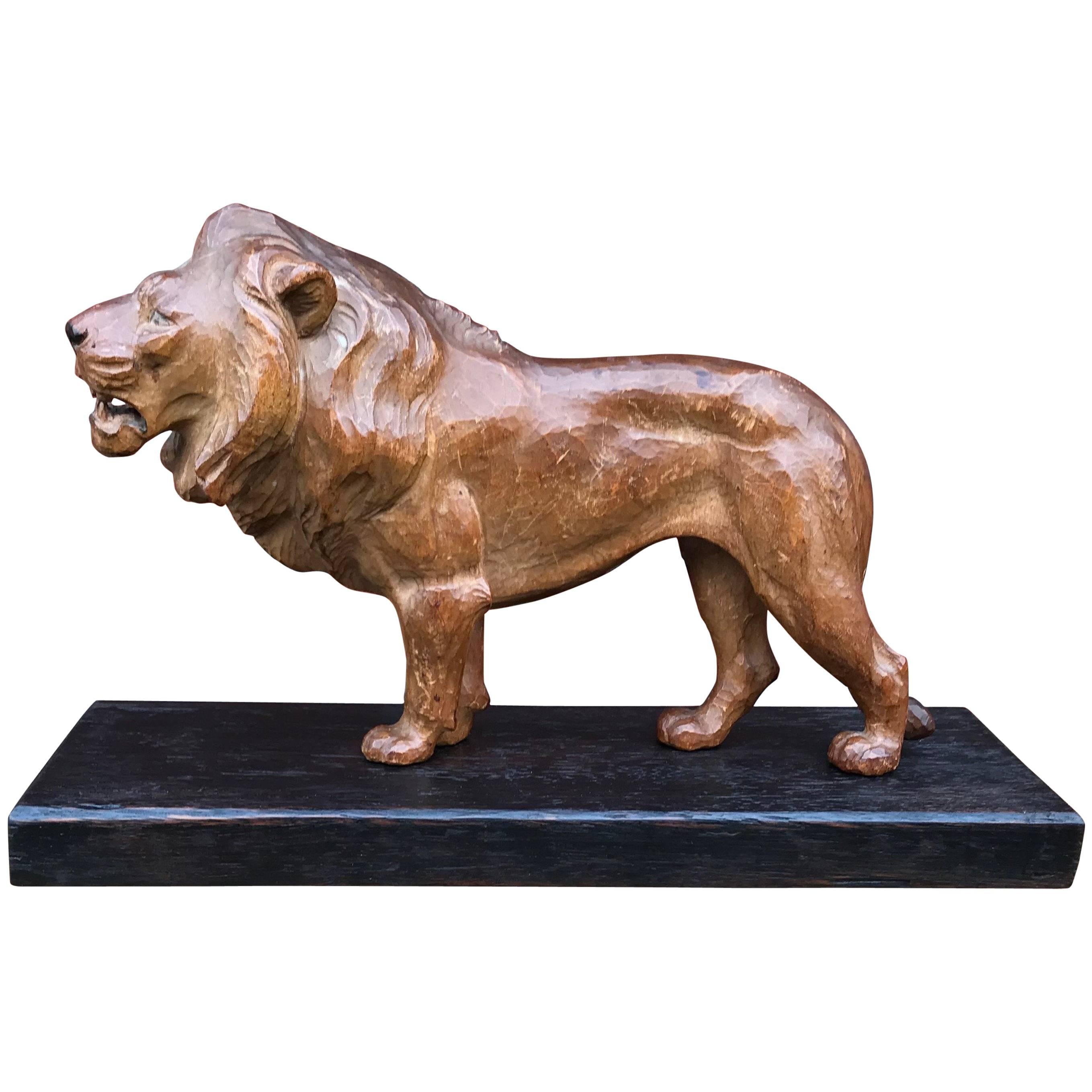 Early 20th Century Hand-Carved Lion Sculpture Statue on Base, King of the Jungle
