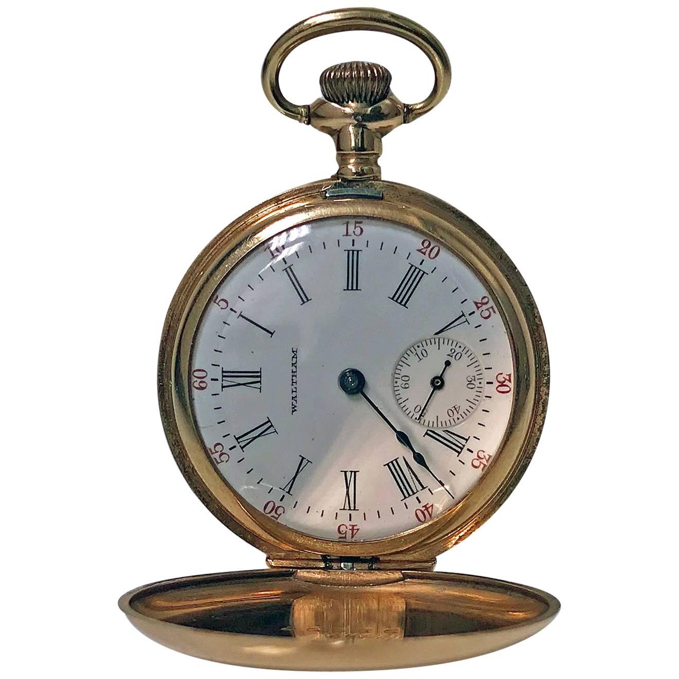 American Waltham 14-Karat Stem Wind Gold Hunter Case Pocket Watch, circa 1900