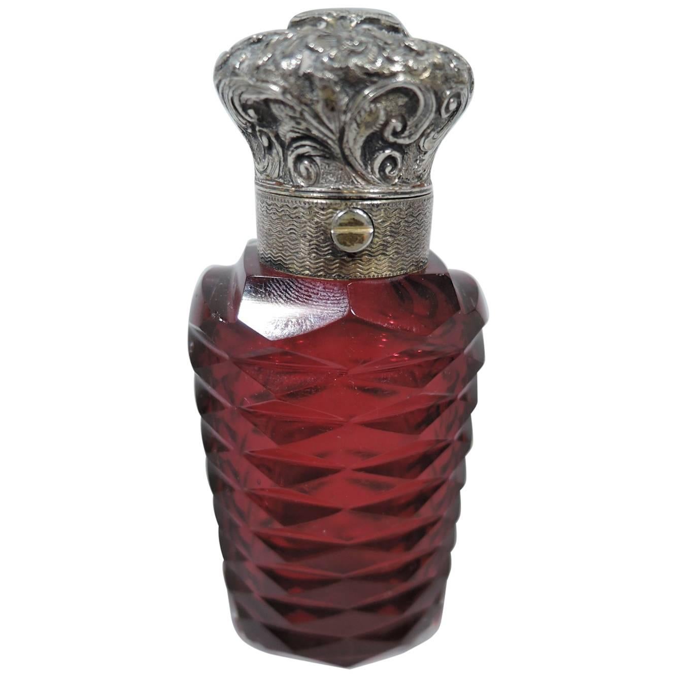 Antique European Silver and Faceted Ruby Glass Perfume