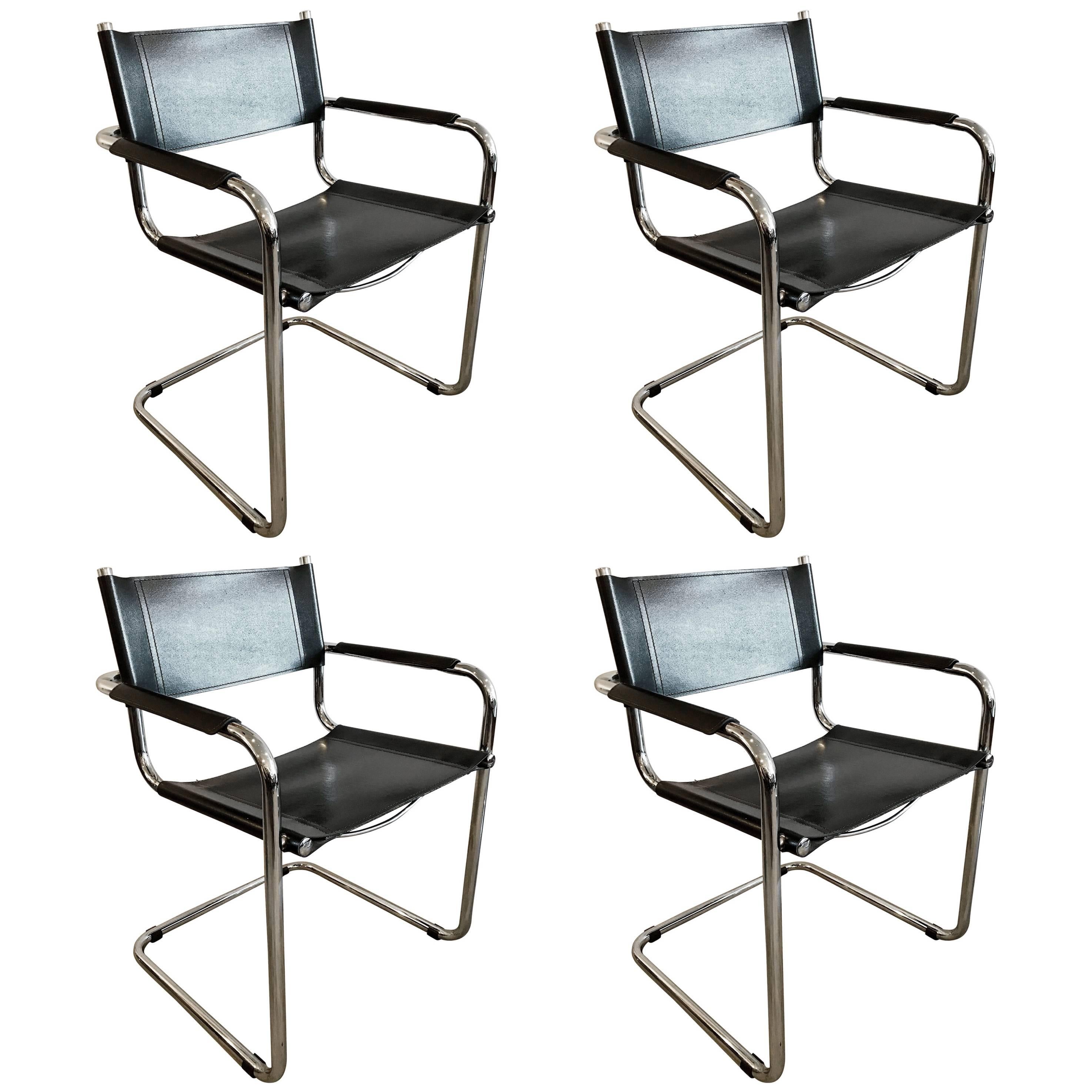 Set of Four Chrome and Black Leather Dining Chairs by Mart Stam, 1980s