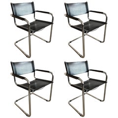 Set of Four Chrome and Black Leather Dining Chairs by Mart Stam, 1980s