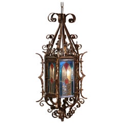 19th Century French Napoleon III Hexagonal Iron Lantern with Stained Glass