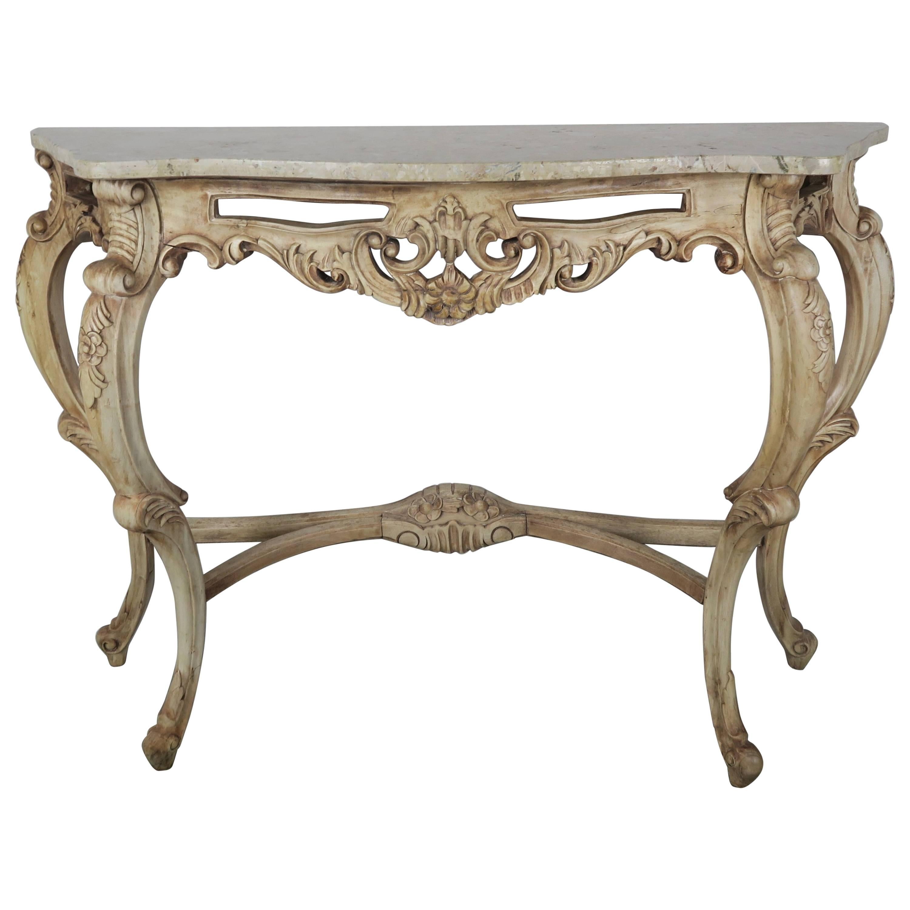 French Natural Carved Wood Console with Marble Top