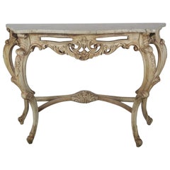 French Natural Carved Wood Console with Marble Top