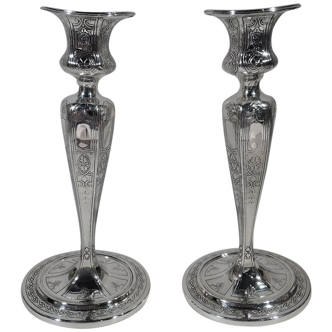 Pair of Antique Tiffany Edwardian Sterling Silver Candlesticks