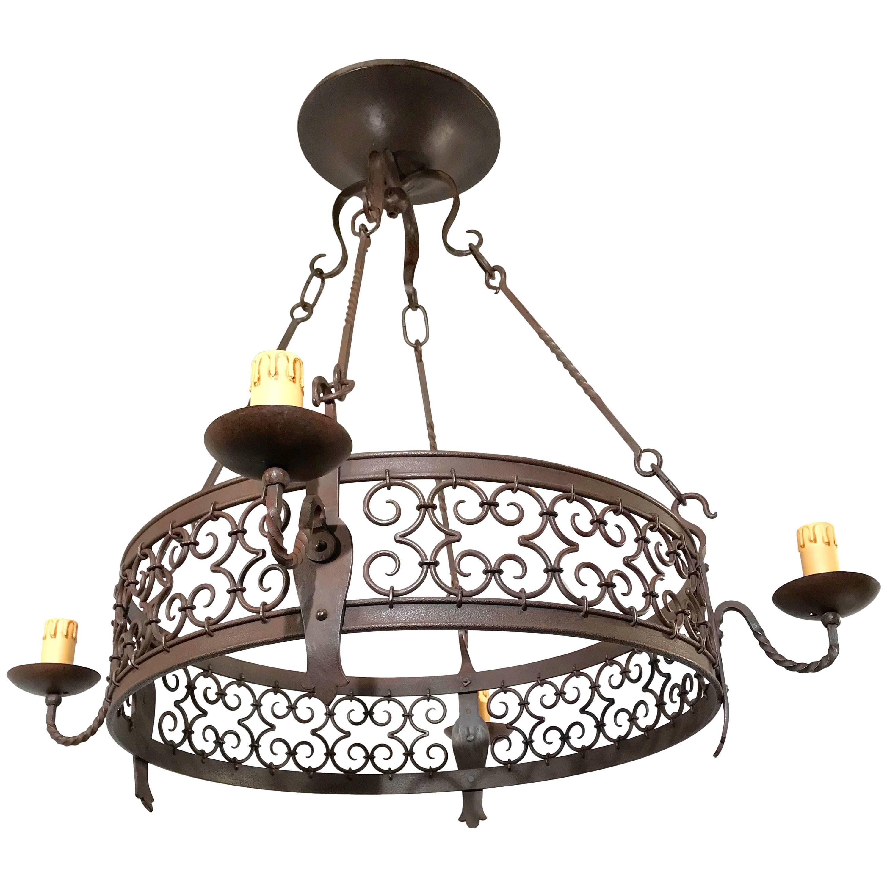 Large Arts & Crafts Forged in Fire Wrought Iron Chandelier Suspension Light Fixture