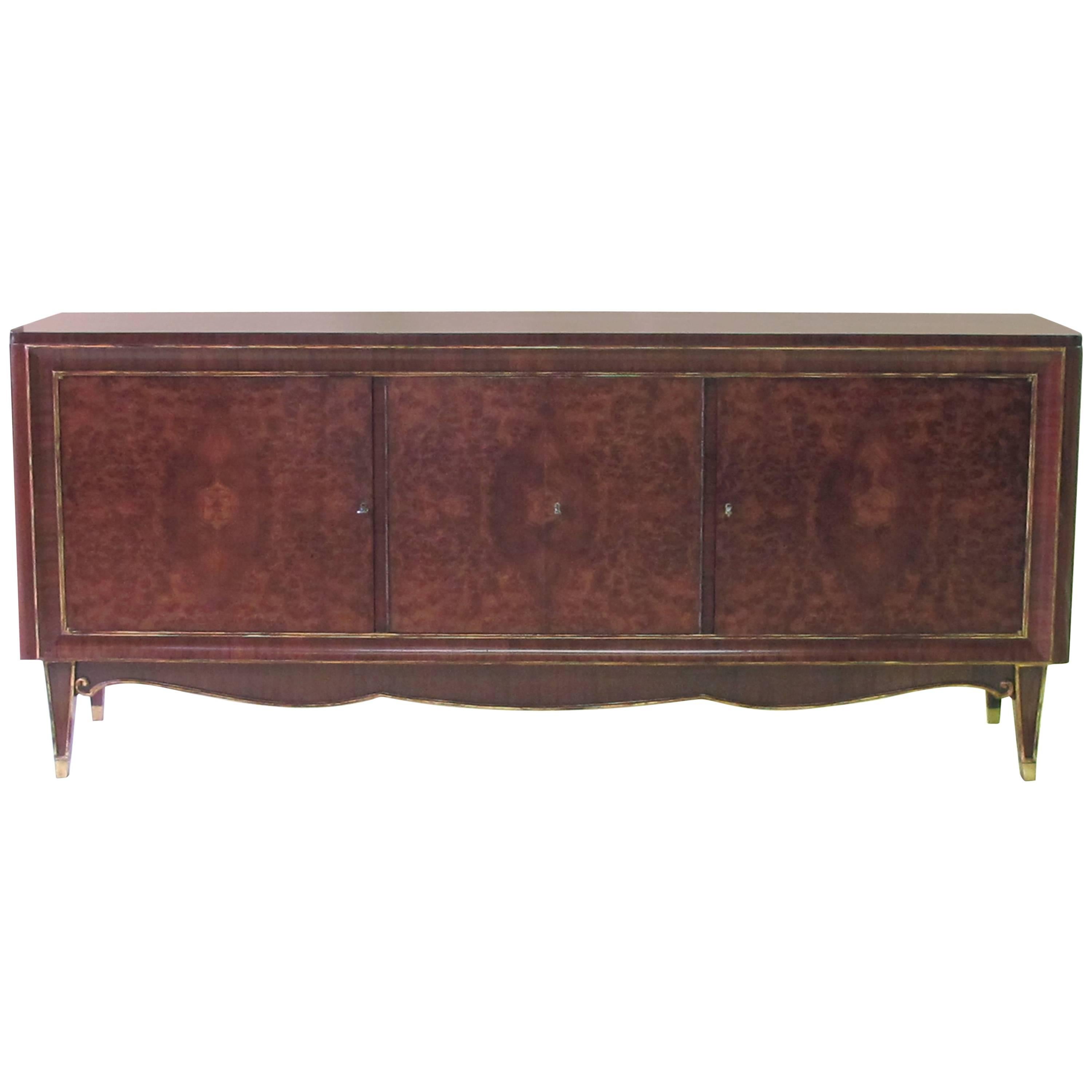 Handsome French Tiger Mahogany and Amboyna Wood Sideboard, Manner of Jules Leleu