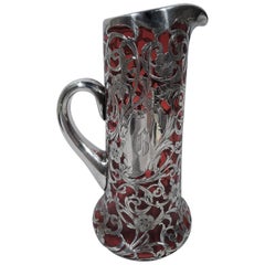 American Art Nouveau Ruby Red Glass Claret Jug with Silver Overlay