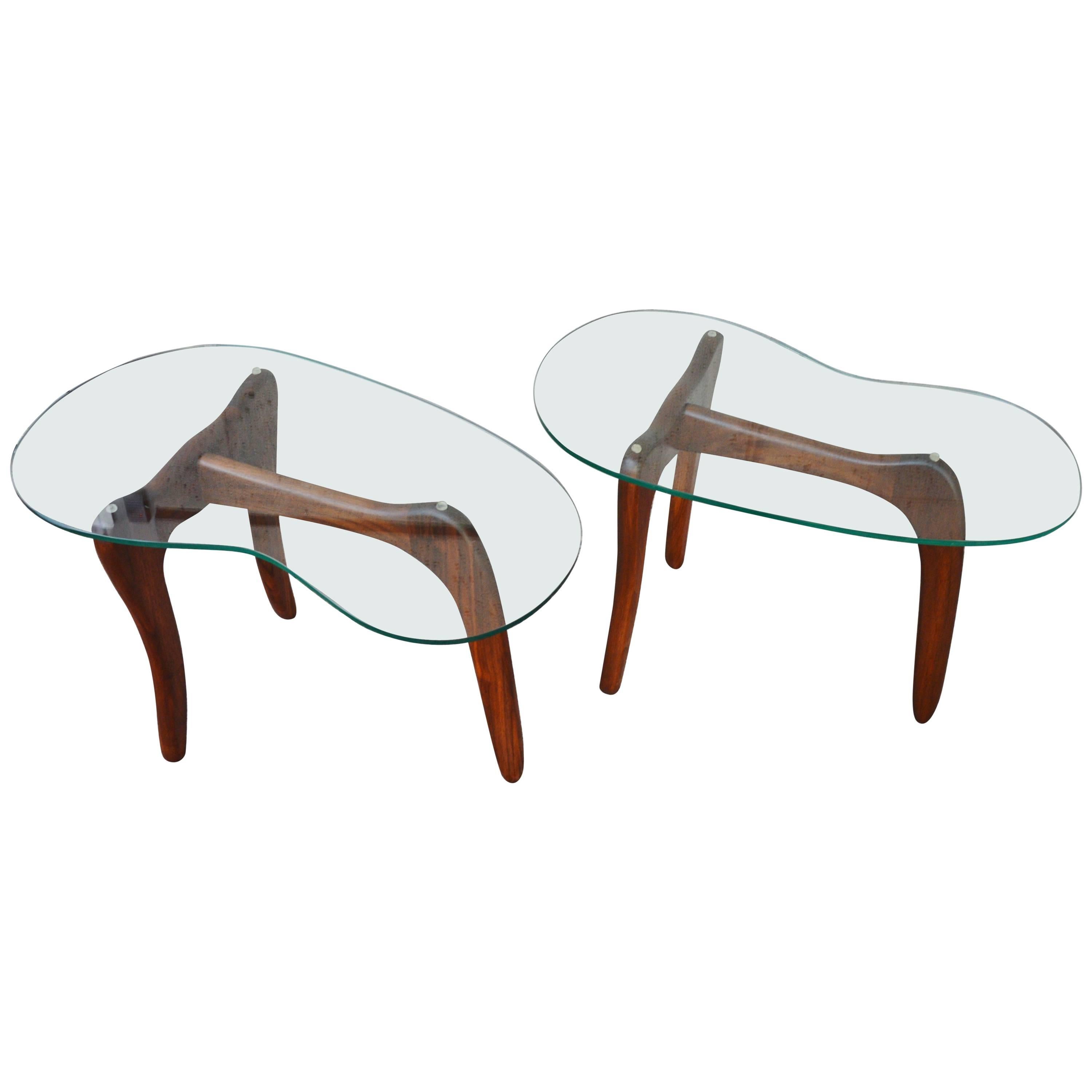 Pair of Adrian Pearsall Solid Walnut Side Tables, Kidney Shape Glass Tops