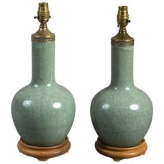 20th Century Pair of Crackle Glaze Celadon Vase Lamps