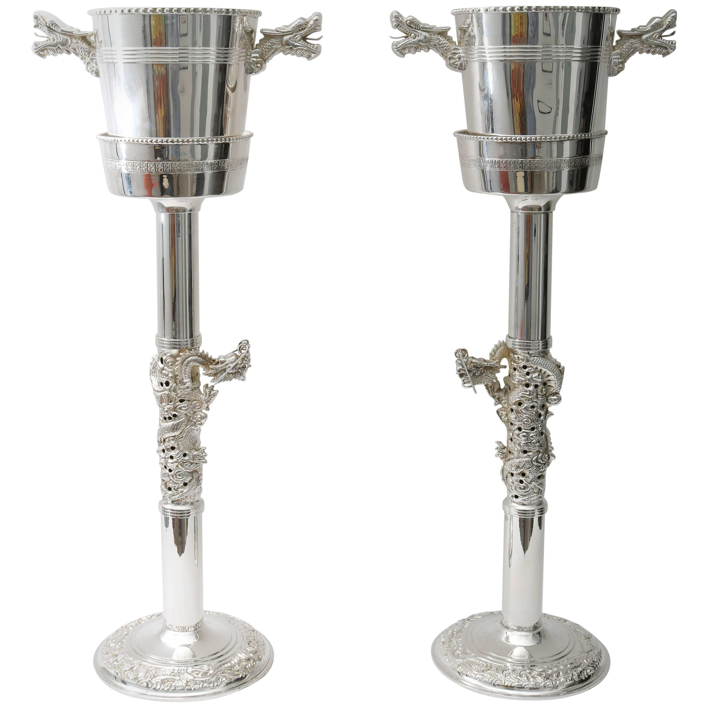 Pair of Silver Plated Art Deco Champagne Buckets with Stands