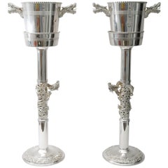 Vintage Pair of Silver Plated Art Deco Champagne Buckets with Stands