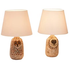 Retro Pair of Mr. and Mrs. Owl Lamps by Raphael Giarusso Signed and Stamped, 1967