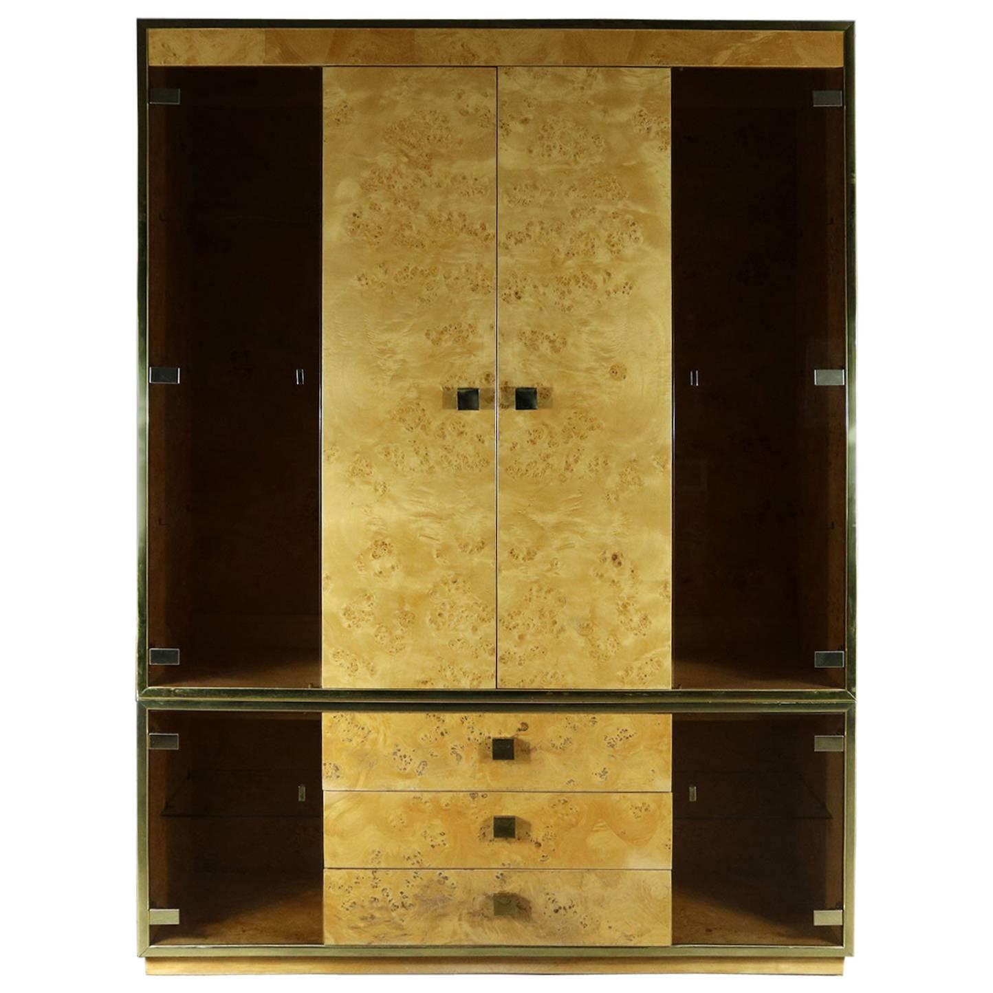 Founders Furniture Burled Wood and Smoke Glass Wall Unit Display Cabinet Lighted