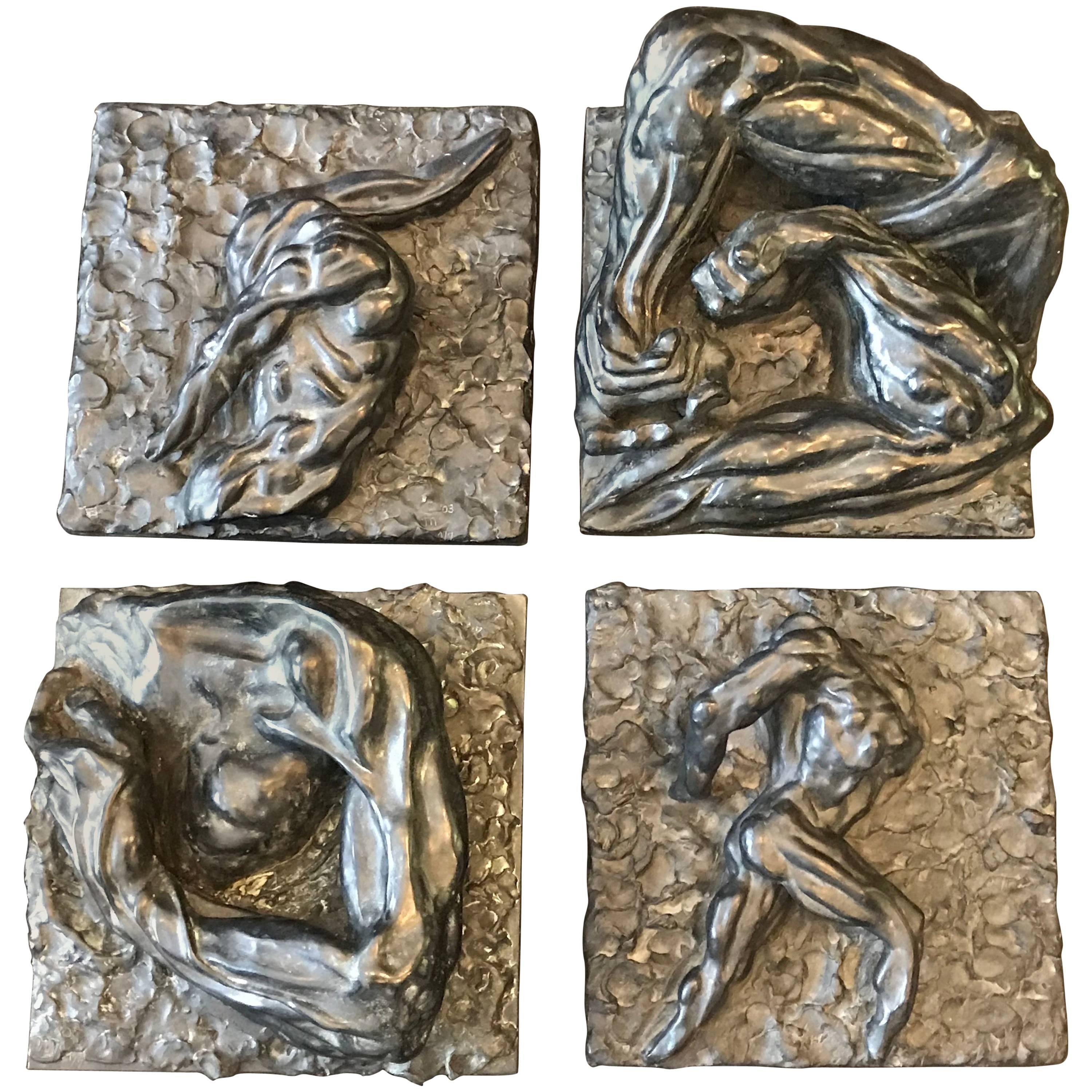 Four Bronze Brutalist Anatomical Man-Art Hanging Wall Sculptures by Miles Slater