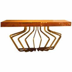 Midcentury Italian Brass and Lacquered Madagascar Wood Console