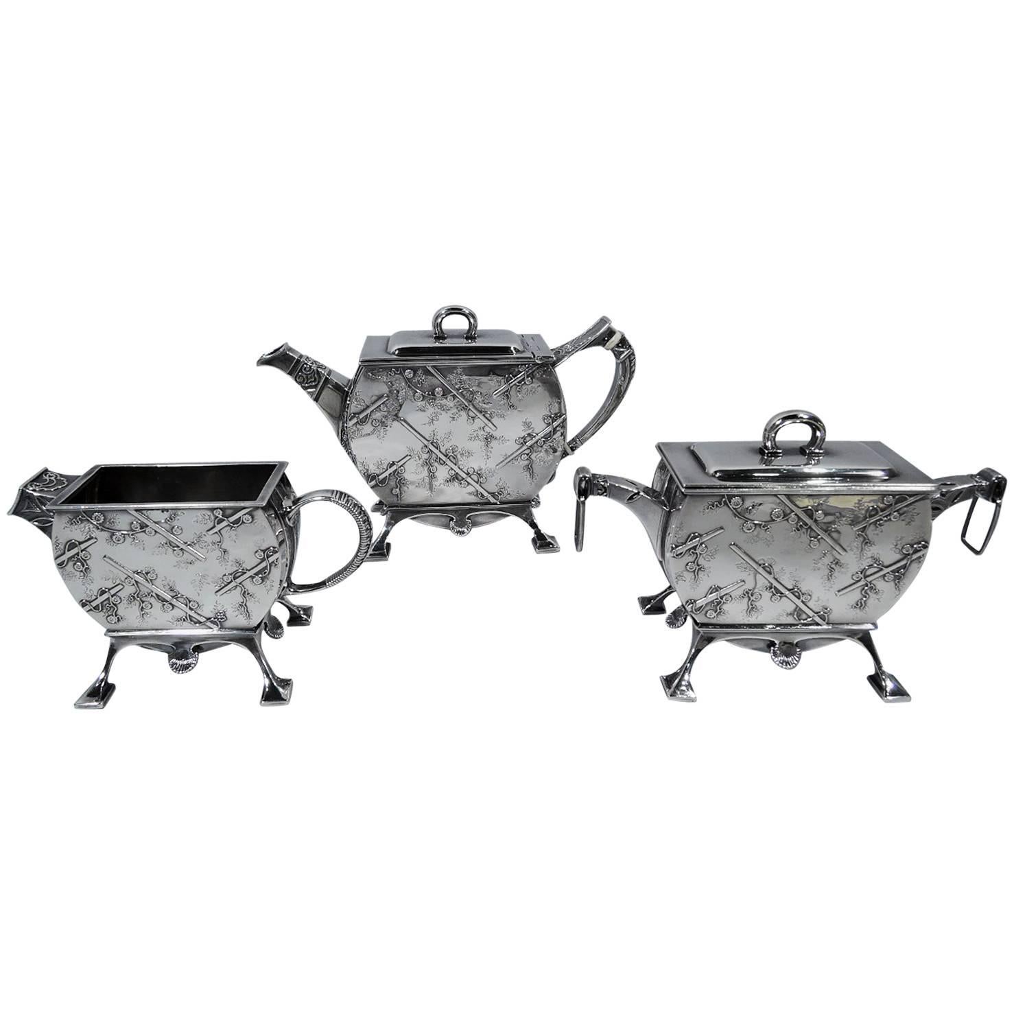 Early Tiffany Sterling Silver Three-Piece Japonesque Tea Set