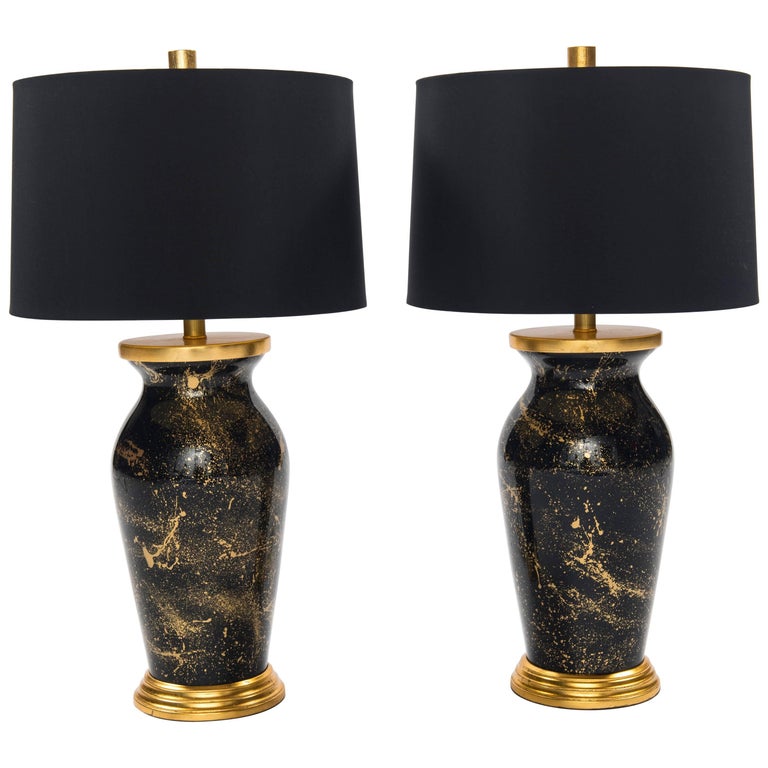 Pair of Vintage French Neoclassical Style Black and Gold Tole Column Form Table Lamps at 1stdibs