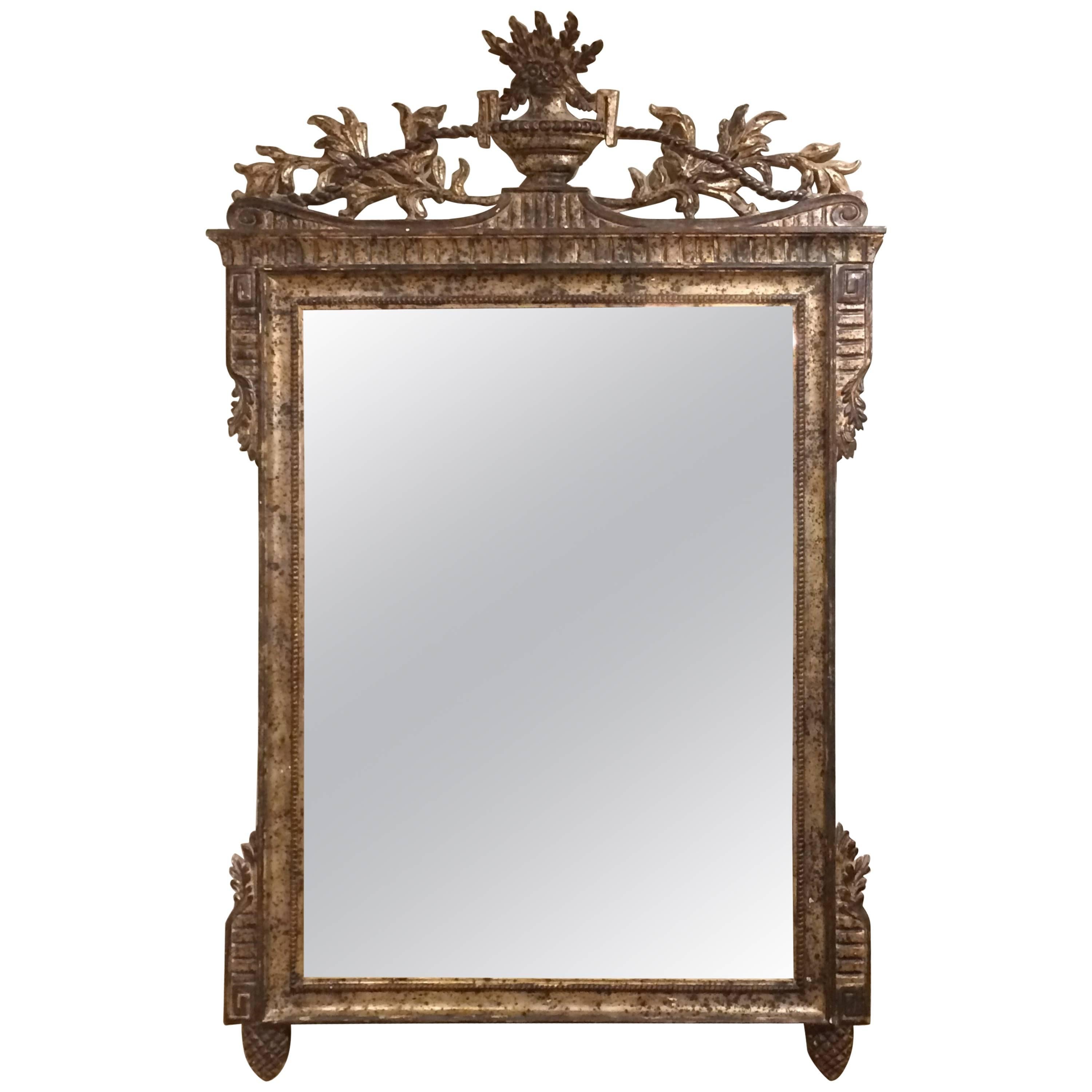 Monumentally Large Neoclassical Carved Silver Giltwood Mirror