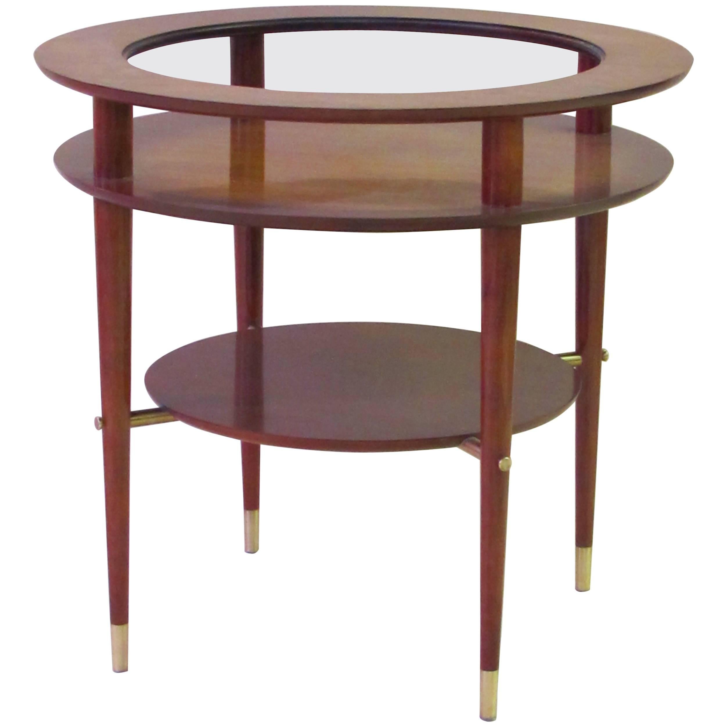 Stylish Italian Midcentury Circular Side Table with Glass Top and Brass Fittings