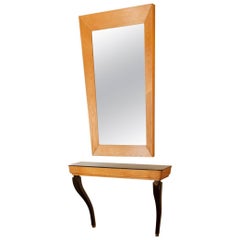 Midcentury Italian Opaline and Palisander Wood Console and Mirror Duo