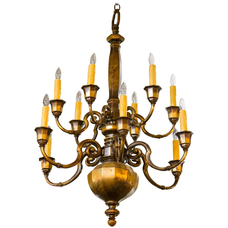 English Heavy Bronze TwoTier Chandelier with 12 Arms, Circa 1900 at