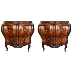 Antique Pair of 19th Century Italian Walnut Bombe Commodes