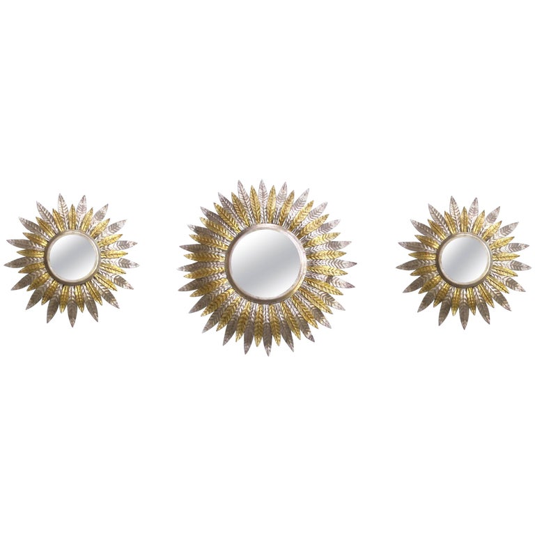 Faniciful Set of Three Art Deco Silver and Gold Gilt Tole Sunburst