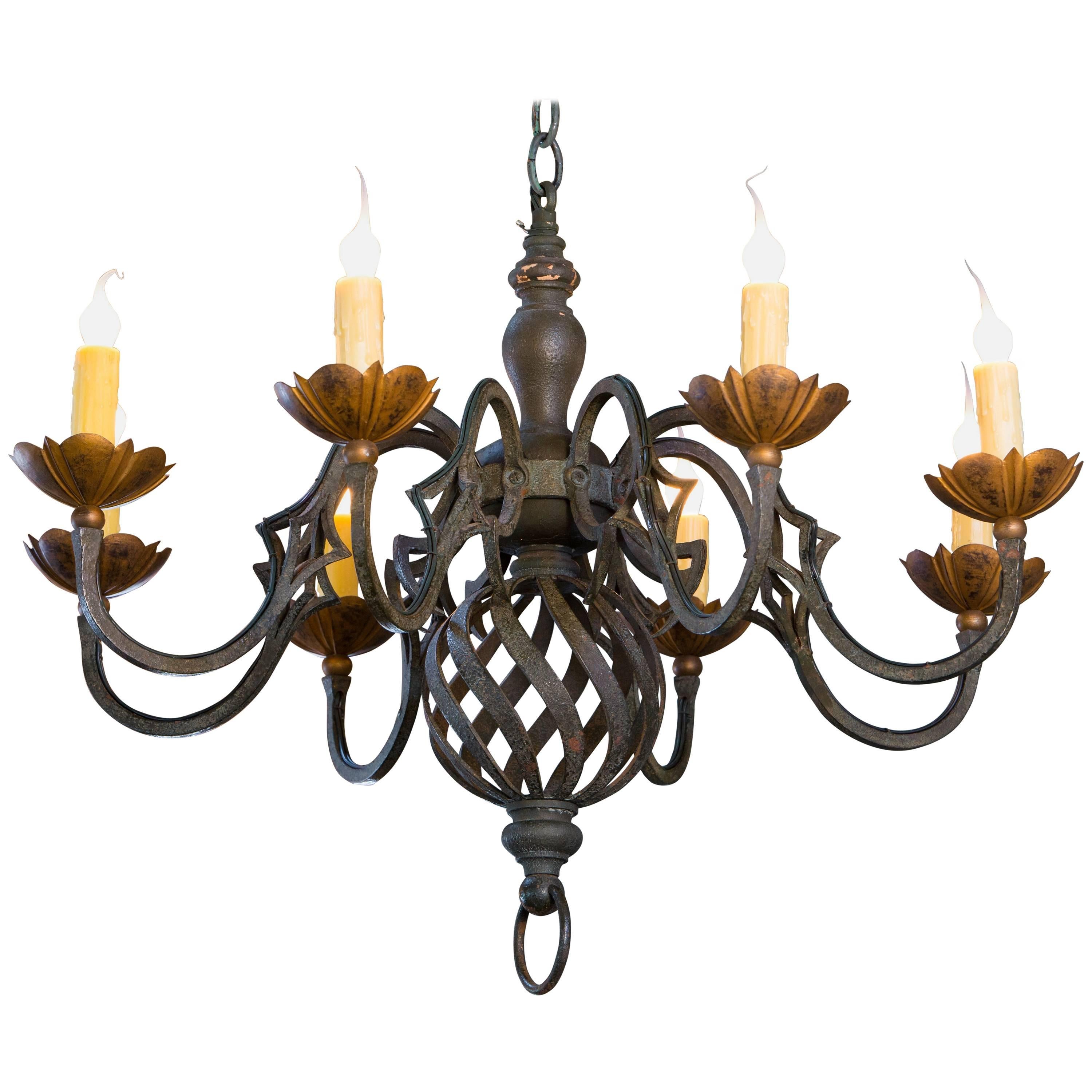 Black and Gold Iron Chandelier with Eight Arms from France, circa 1920