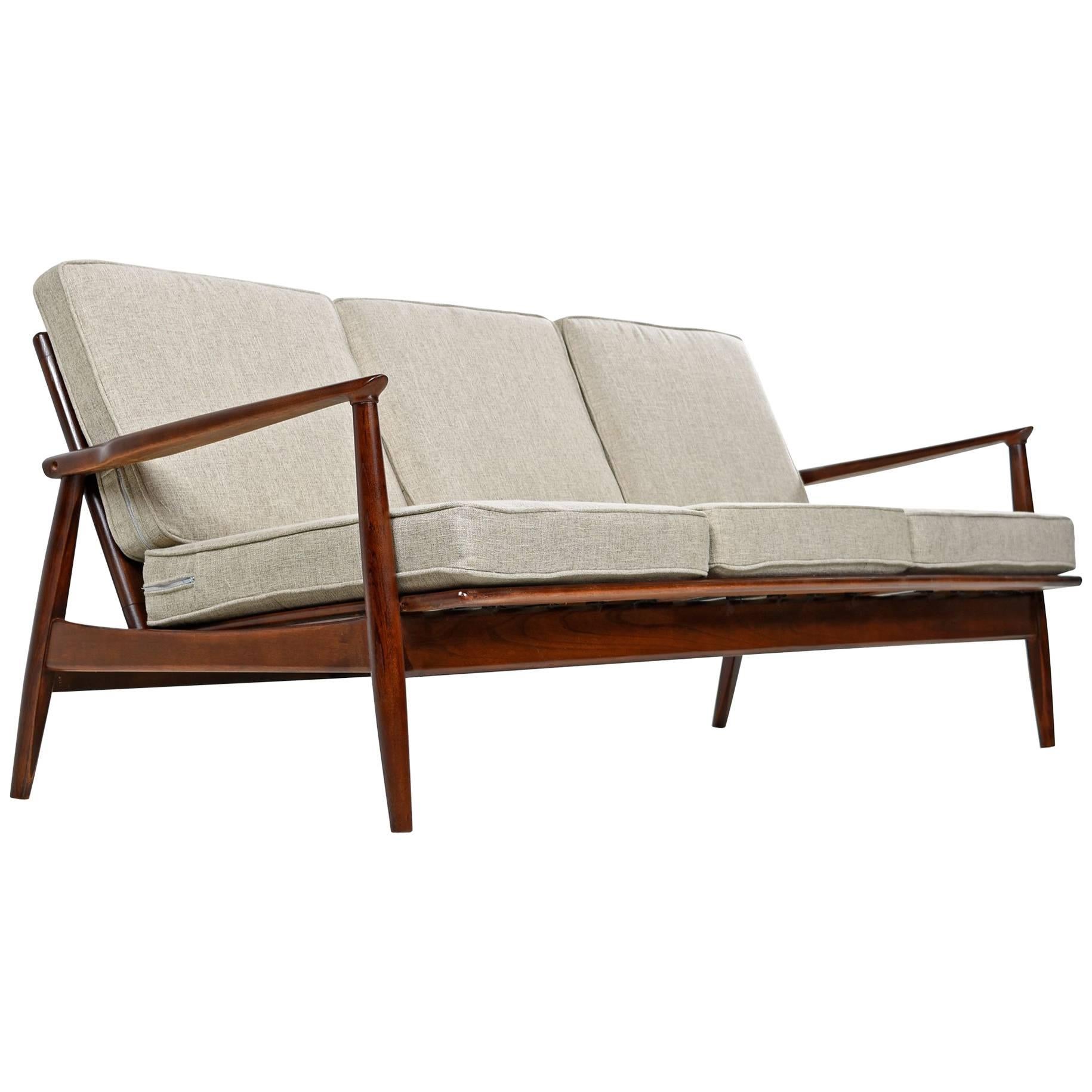 Mid-Century Modern Grete Jalk Style Three-Seat Wood Frame Sofa Couch