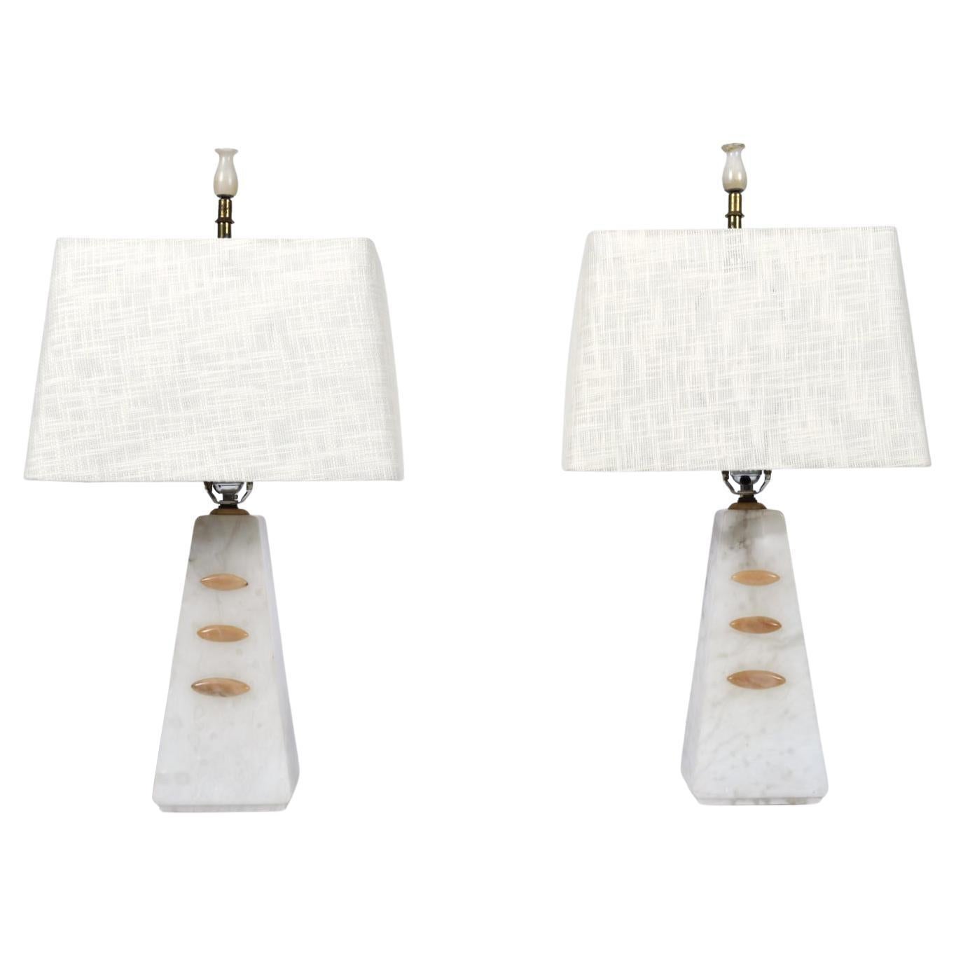 Alabaster Pyramid Table Lamps and Finials, Art Deco to Modern Transitional Style For Sale
