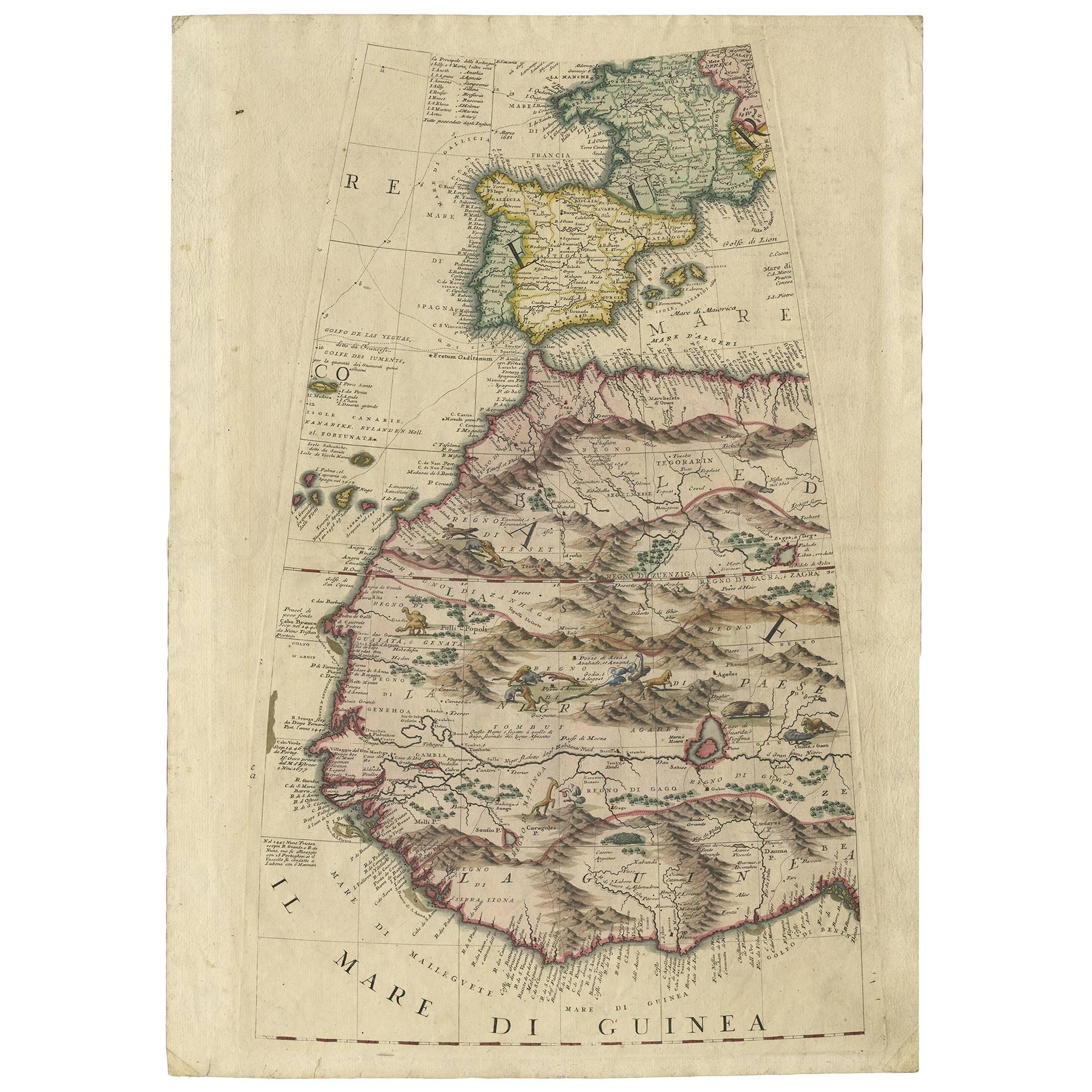 Rare Antique Map of Southwestern Europe and West Africa by V.M. Coronelli, 1692