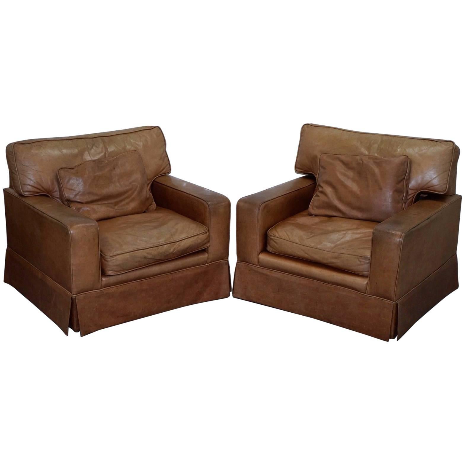 Pair of Vintage Hand Dyed Fully Aniline Leather Contemporary Club Armchairs