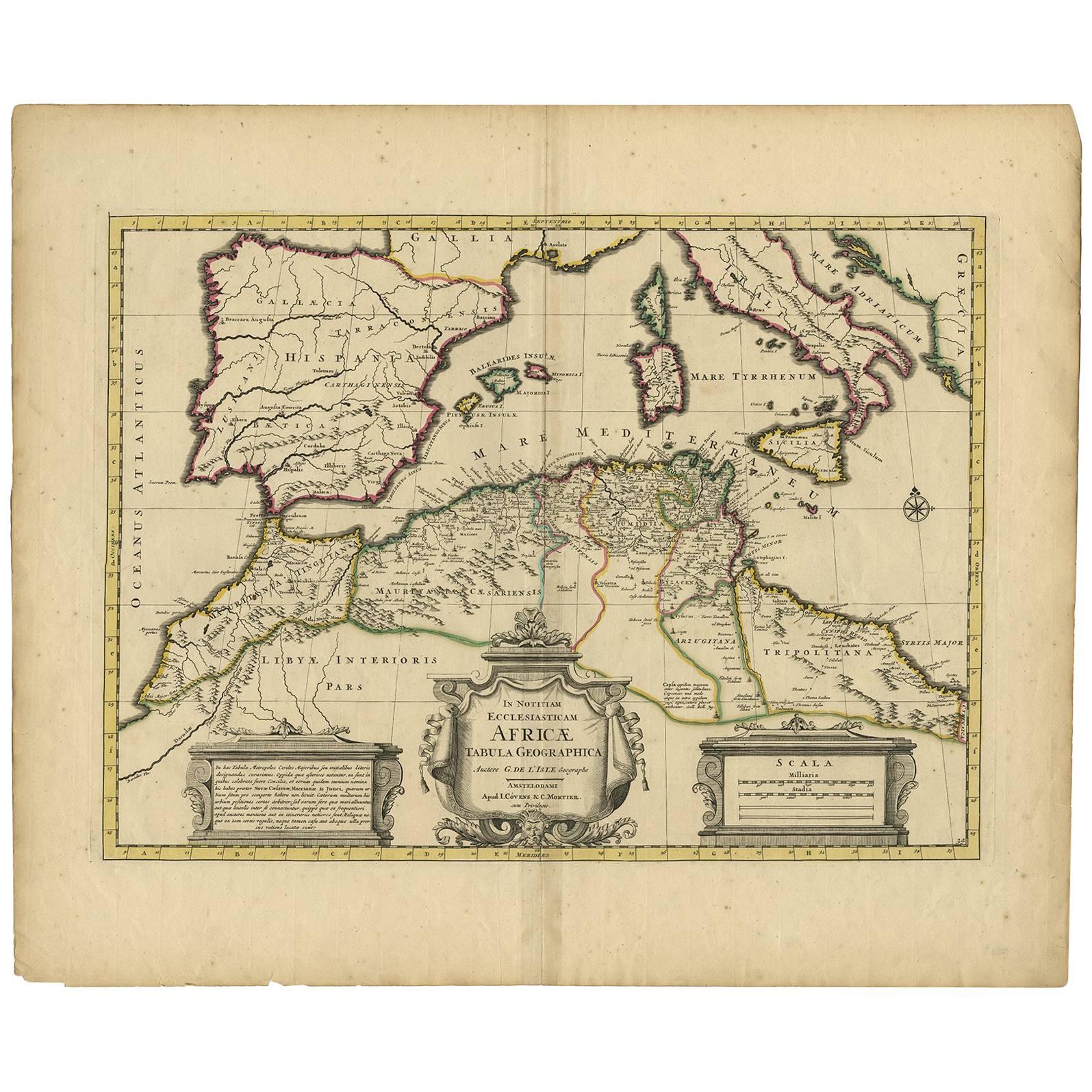 Antique Map of the Northern Coast of Africa and Southern Europe, circa 1745 For Sale