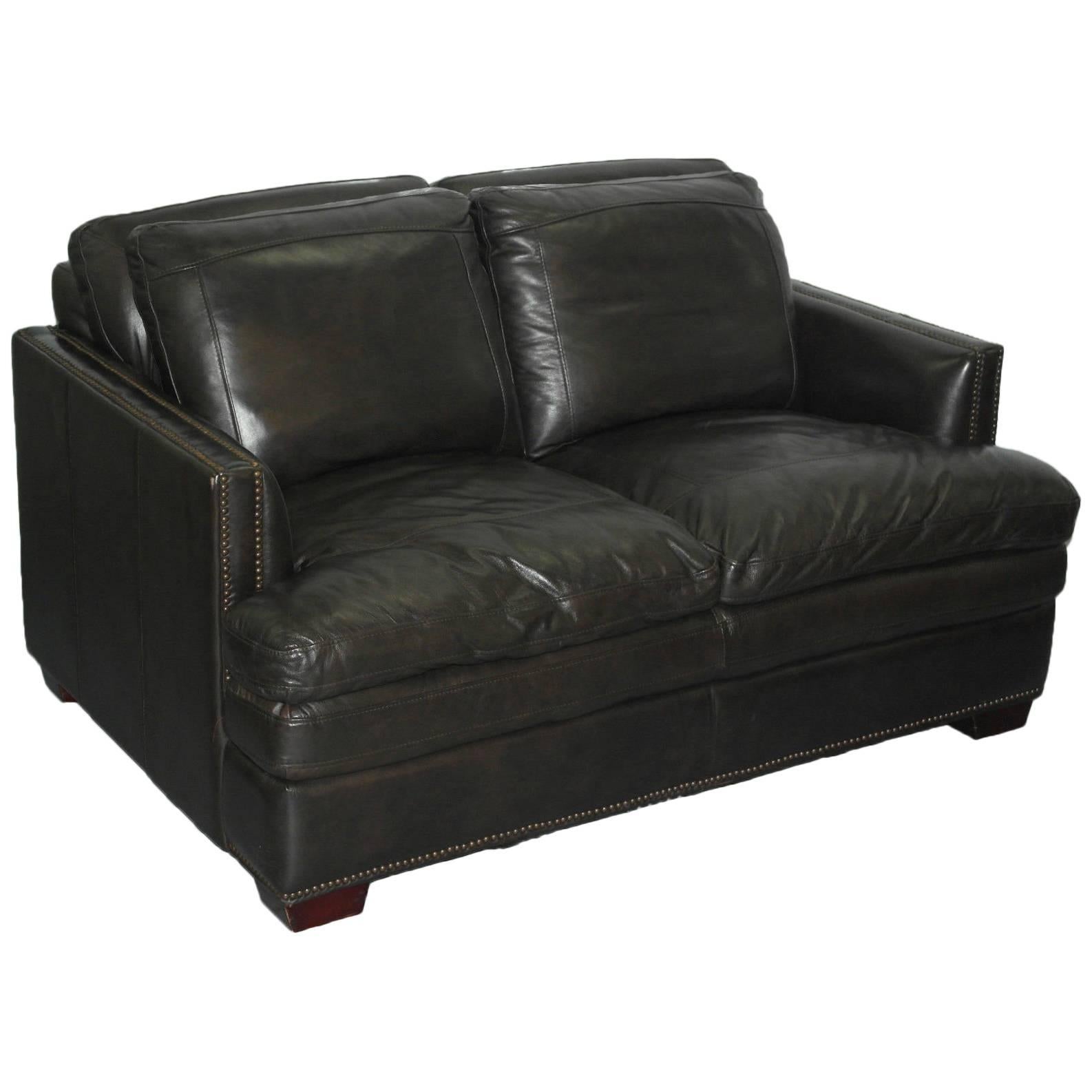 Contemporary Double Cushion Extra Comfortable Brown Leather Studded Club Sofa