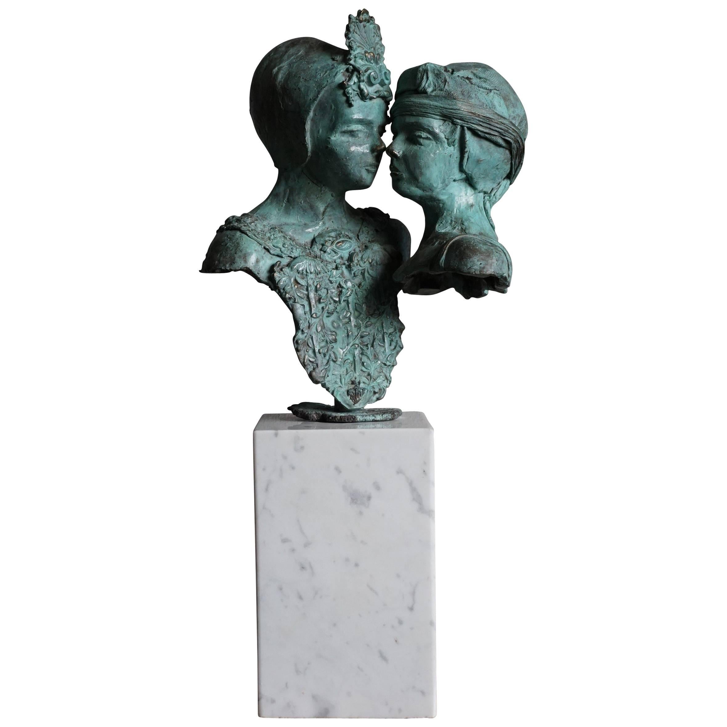 Sizeable and Signed Bronze Bust Sculpture of Sisters or Female Lovers