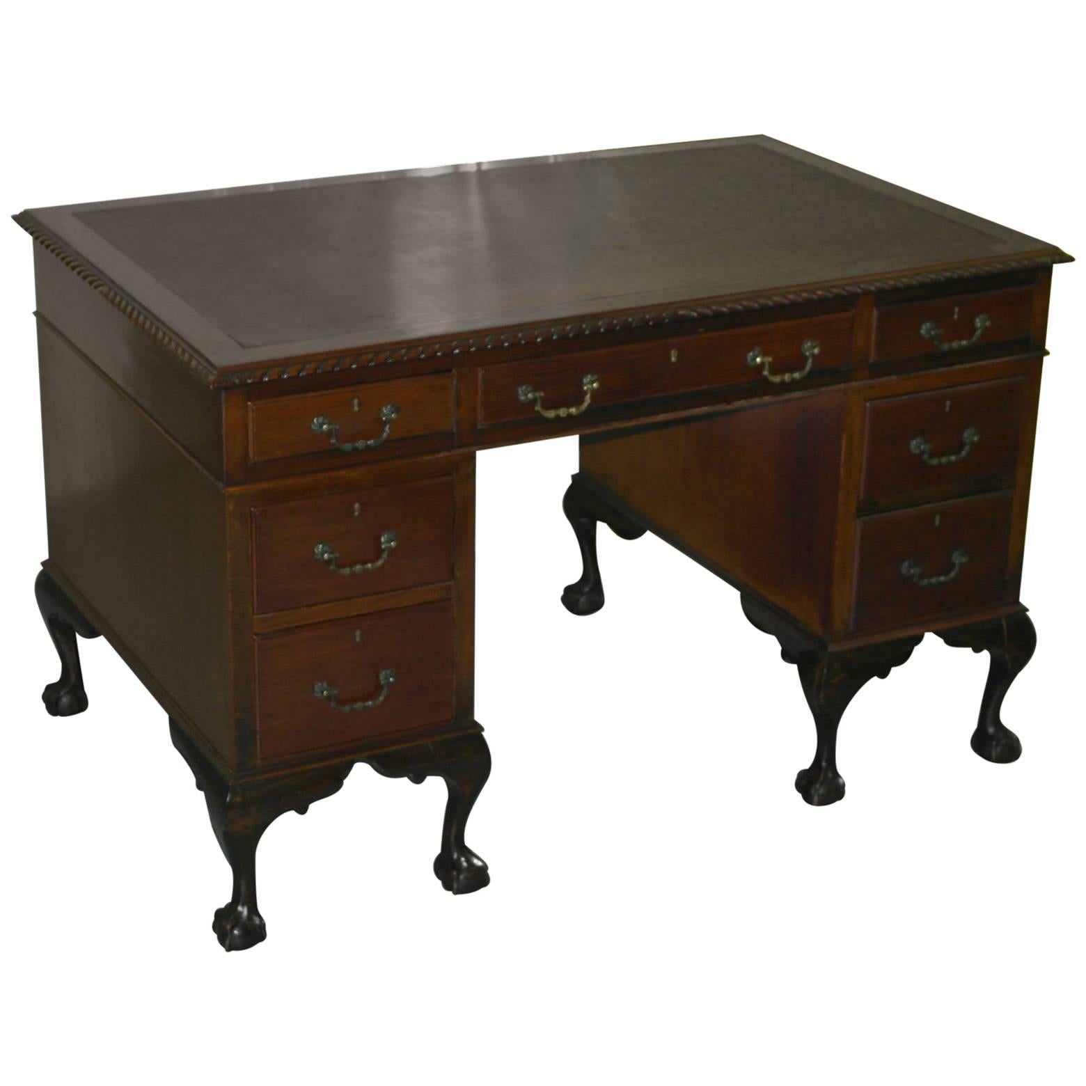 Stunning Antique Queen Anne Partner Desk with Claw and Ball Feet Leather Top