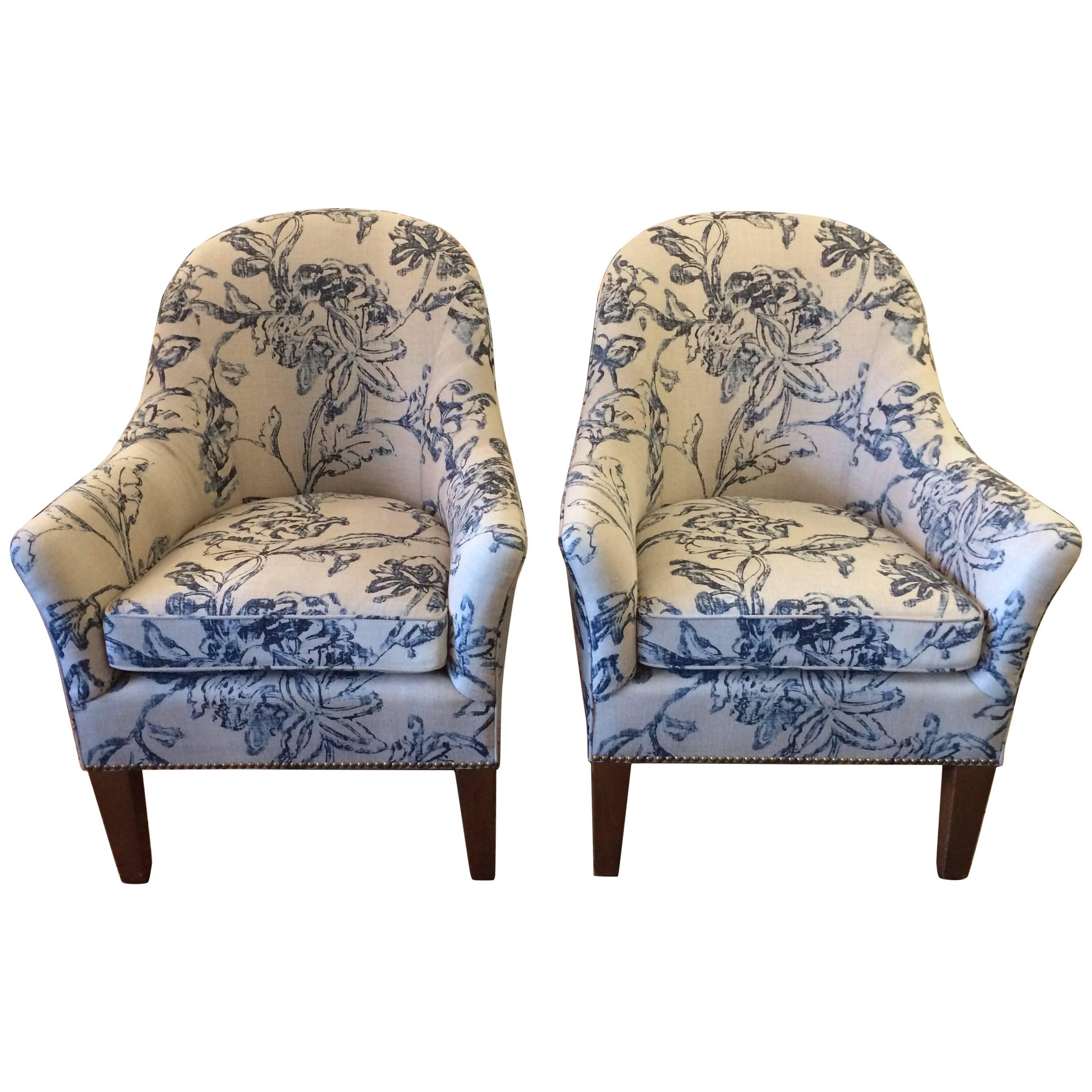 Classic Pair of Club Chairs in Blue and White Linen