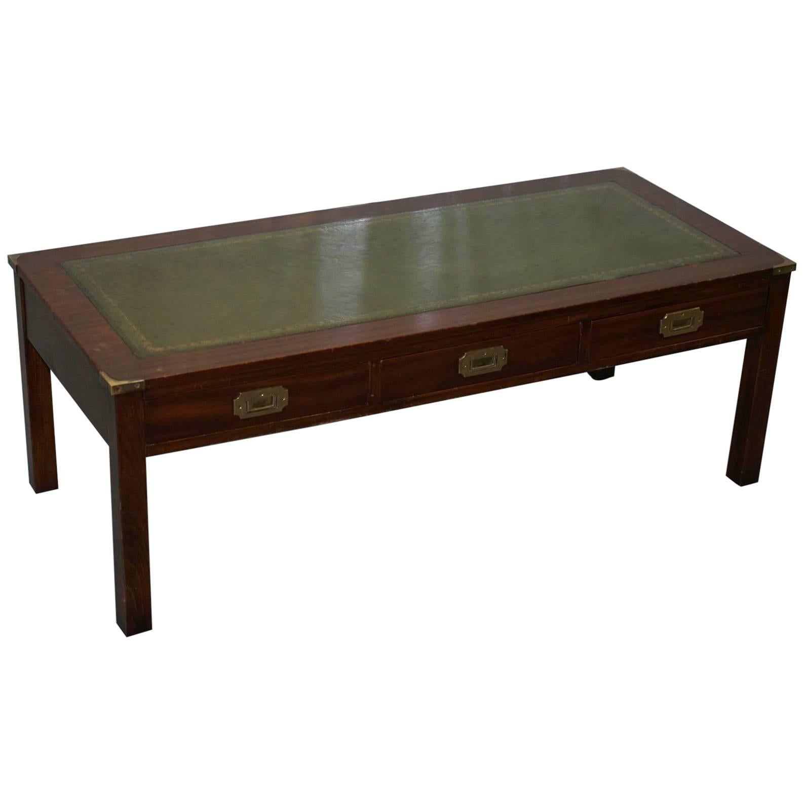 Military Campaign Coffee Table with Green Leather Surface and Drawers