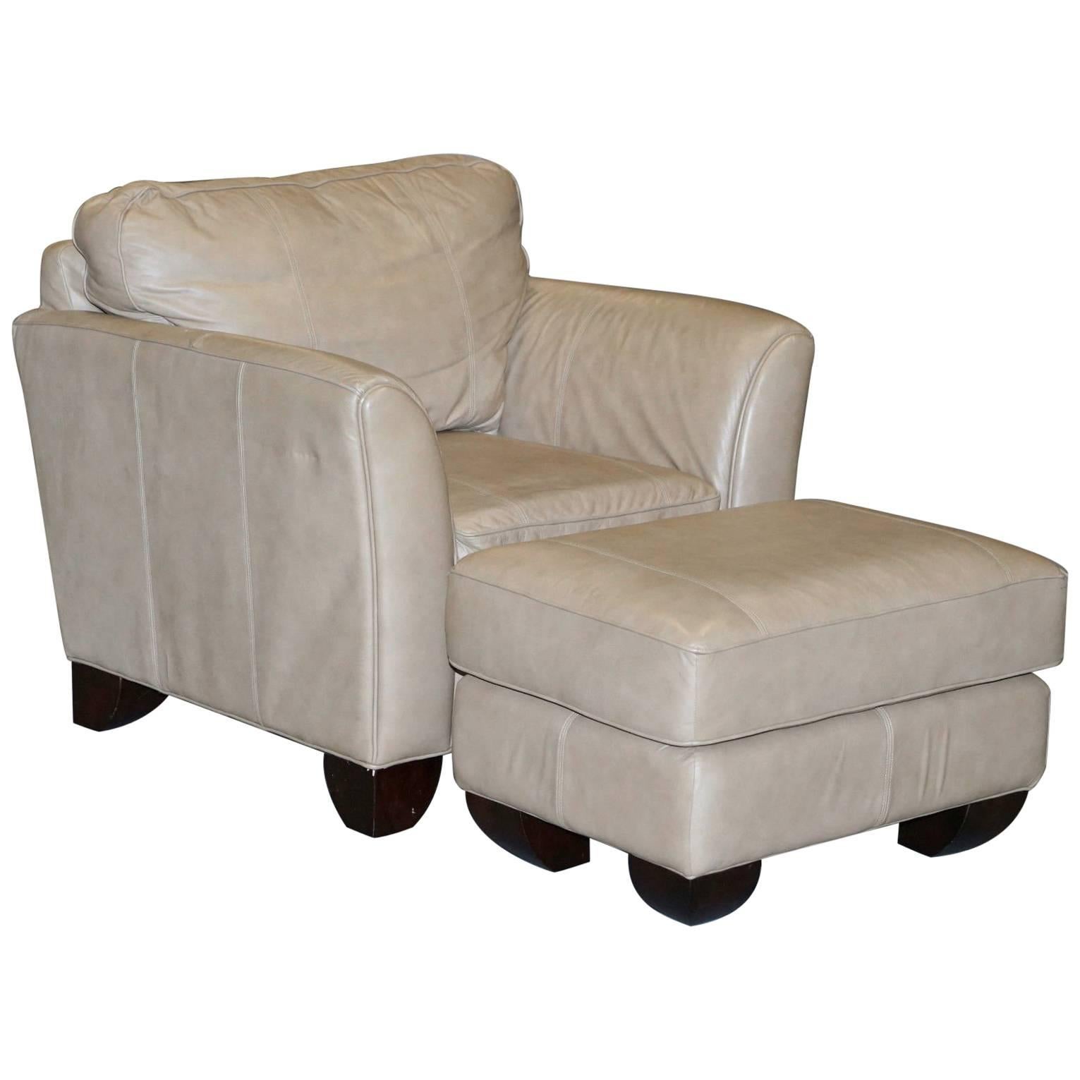 Cream Tan Brown Leather Club Armchair and Footstool Ottoman Very Comfortable