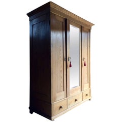 Vintage French Solid Pine Armoire Wardrobe Large Triple Mirror Fronted