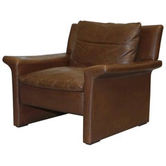 Aged Brown Leather Mid-Century Modern Danish Contemporary Luxury Armchair Retro