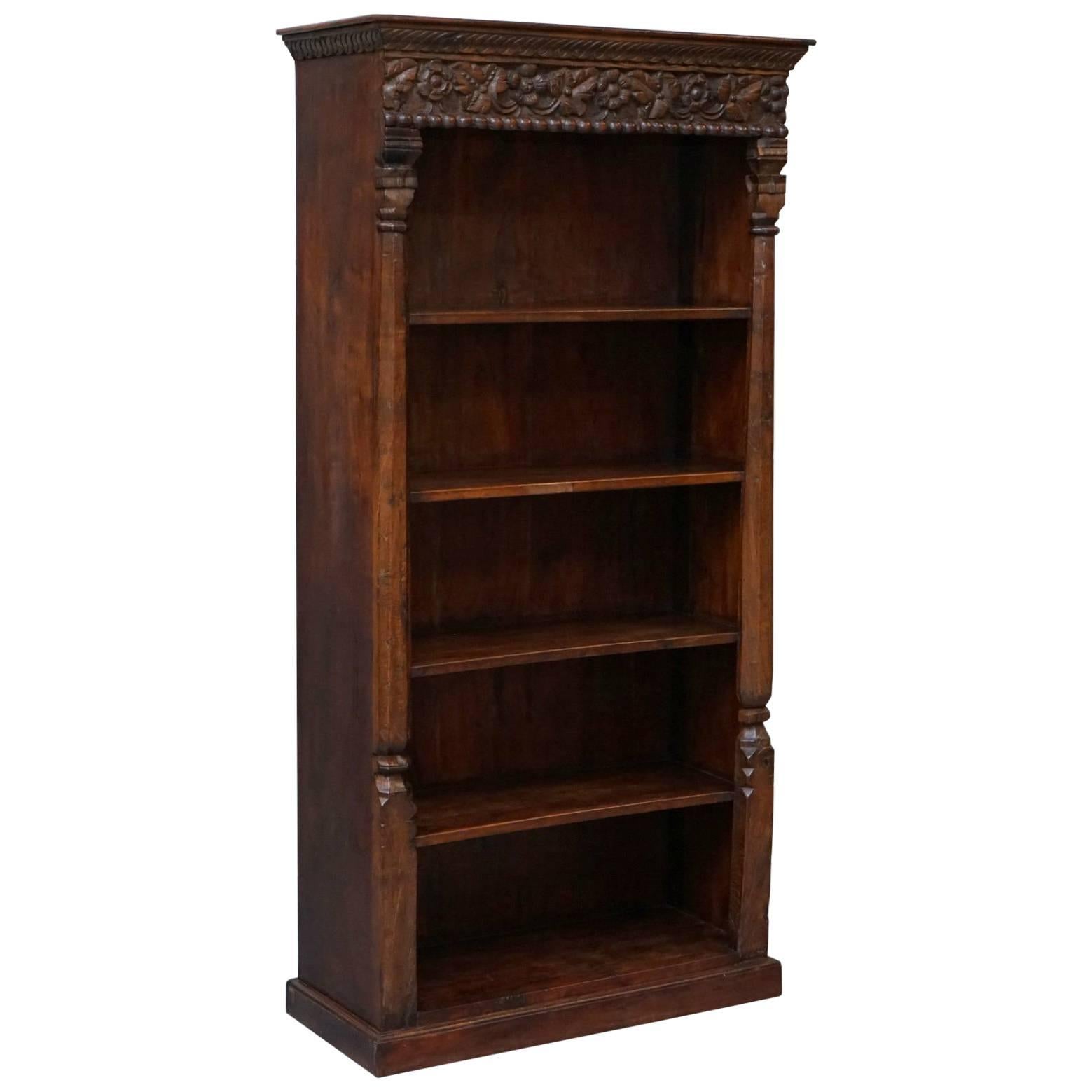 Solid Hand-Carved Teak Wood Bookcase, Extremely Heavy and Solid Well Made Piece