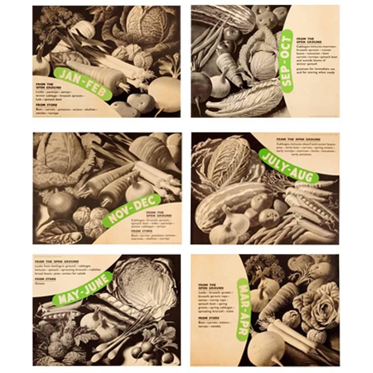 Set of Six Original World War Two Food Posters - Vegetables from the Open Ground