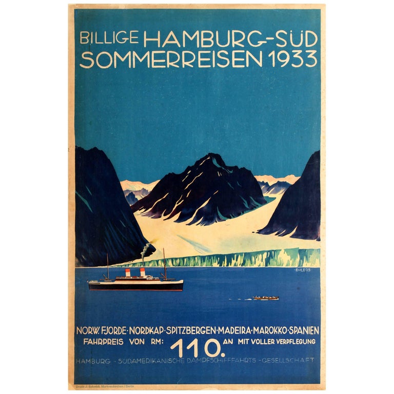 Original Vintage Art Deco Cruise Ship Travel Poster for Hamburg ...